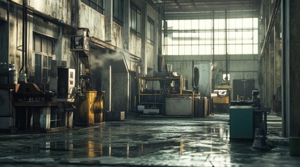 Wall Mural - Abandoned Industrial Factory Interior with Machinery and Steam