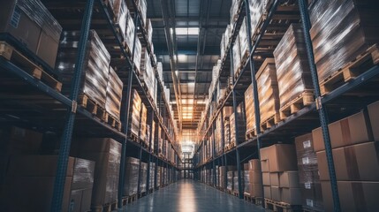 Poster - View of inventory storage in a modern logistics warehouse with high shelves and organized pallet stacks. Highlights inventory management and warehouse efficiency.