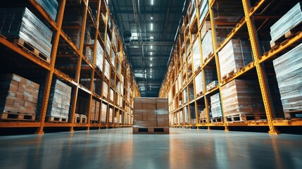 Poster - View of inventory storage in a modern logistics warehouse with high shelves and organized pallet stacks. Highlights inventory management and warehouse efficiency.