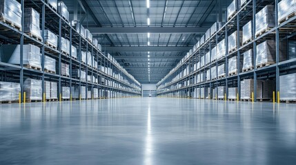 Poster - View of inventory storage in a modern logistics warehouse with high shelves and organized pallet stacks. Highlights inventory management and warehouse efficiency.
