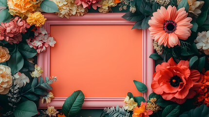 Poster - A pink picture frame surrounded by colorful flowers.