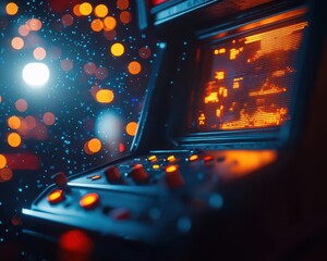 Close-up of a retro arcade machine with vibrant lights, showcasing nostalgic gaming elements in a colorful environment.