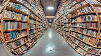 Poster - An Endless Row of Bookshelves in a Library