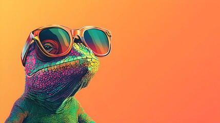 A cool chameleon wearing trendy sunglasses, set against a vibrant solid color background, the design faceted and minimal, with a touch of abstract style, vector art, digital art