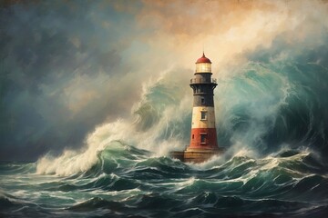 Wall Mural - Architecture lighthouse building painting, stormy sea with big waves, nature weather theme concept texture design illustration.
