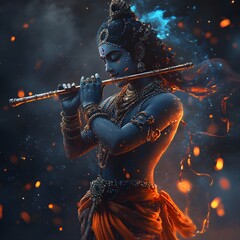 A digital painting of Krishna playing a flute, with a blue and orange background.