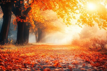 Autumn forest path. Orange color tree, red brown maple leaves in fall city park. Nature scene in sunset fog Wood in scenic scenery Bright light sun Sunrise of a sunny day, with generative ai