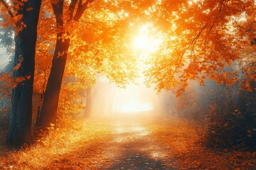 Autumn forest path. Orange color tree, red brown maple leaves in fall city park. Nature scene in sunset fog Wood in scenic scenery Bright light sun Sunrise of a sunny day, with generative ai