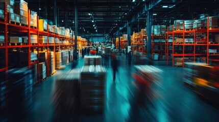 Poster - Blurred View of a Busy Warehouse with Shelving and People Moving