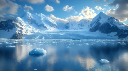 Wall Mural - A scenic view of a snow-capped mountain range reflected in a calm, icy blue water with scattered ice floes.