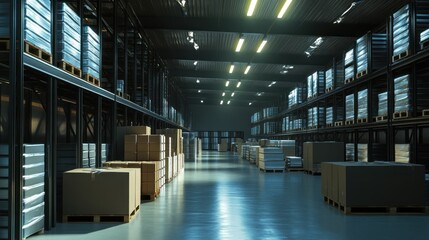 Poster - Pallet-Stacked Boxes in a Large Warehouse