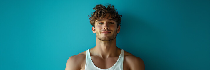 Caucasian male athlete on blue background, Look into the camera with confidence.