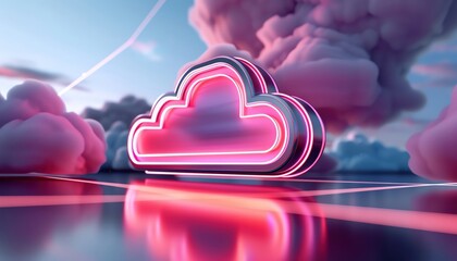 Neon cloud symbol against cloudy sky, representing digital storage and data.