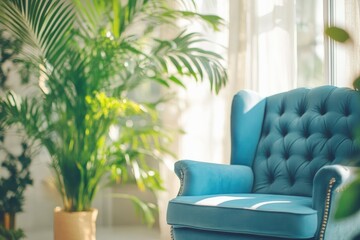 Blur background of blue armchair and plants by the window. Interior design of living room decorate with blue color and plant. with generative ai