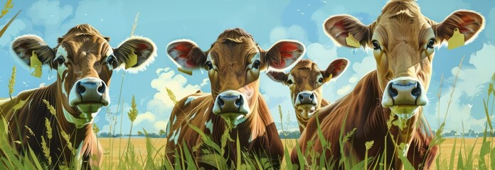 Wall Mural - Close-up of three brown and white cows in a field