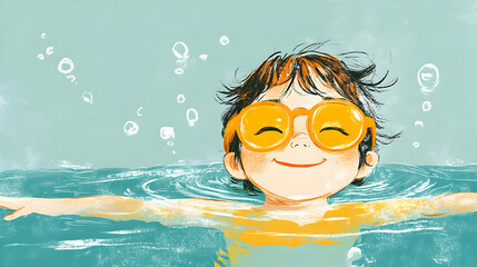 Canvas Print - A smiling girl in yellow goggles floats in the water, surrounded by bubbles.