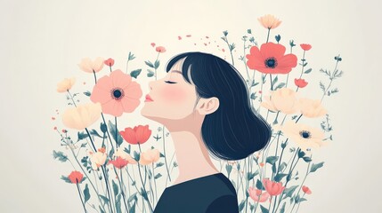 Wall Mural - mind with blooming flowers, clean lines, minimal flat design illustration on white background, copy 
