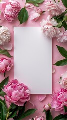 Wall Mural - Blank invitation or greeting card mockup with fresh pink peony flowers