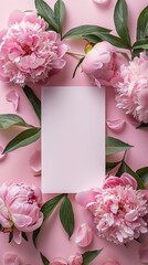 Wall Mural - Blank wedding card mockup with pink peony flowers