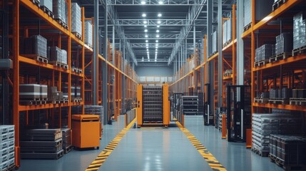 Poster - Industrial Warehouse with Automated Guided Vehicle and Stacked Pallets