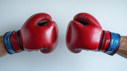 Two pairs of red boxing gloves poised for action in a vibrant training environment