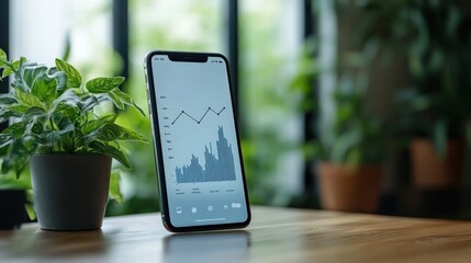 Wall Mural - graph with upward trend on mobile screen, minimalist style, flat design illustration on white backgr