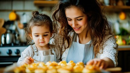 Hanukkah young woman preparing latkes in kitchen with daughter, symbol cooking traditions Hanukkah