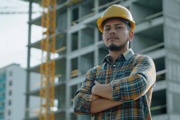 Young hispanic man worker wearing hardhat standing with arms crossed gesture at construction site