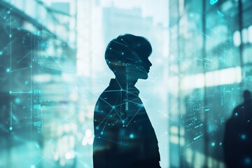 Poster - A Business Professionals silhouette in a dynamic digital setting symbolizes the modern business landscape and the innovative practices defining success in todays competitive world
