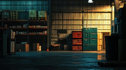Poster - Dark Industrial Warehouse Interior with Storage Units and Pallet