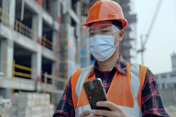 Engineer holding mobile smart phone wear medical face mask work at construction site