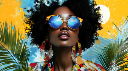 Poster - A stylish woman with dark curly hair wears sunglasses with a tropical print shirt and palm leaves in the background.