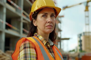 Wall Mural - Portrait of successful woman constructor and architect at building site.