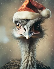 Canvas Print - Christmas ostrich with a santa hat 