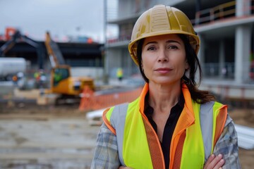 Wall Mural - Portrait of successful woman constructor and architect at building site.