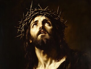 Wall Mural - portrait of Jesus Christ wearing crown of thorns, concept of resurrection and faith