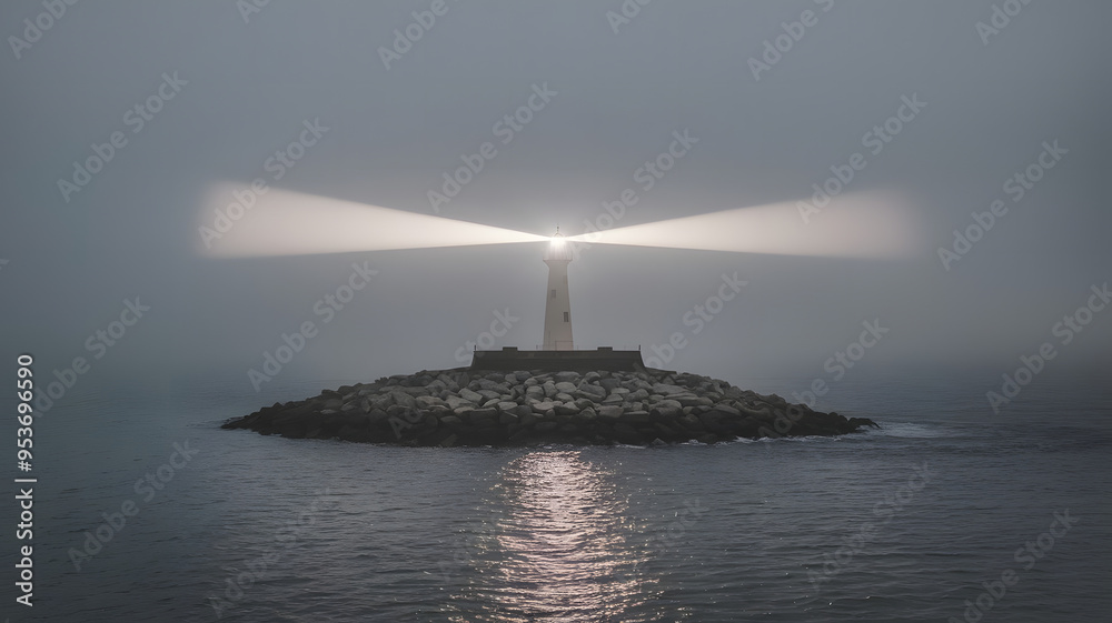 Beacon of Hope: Lighthouse Beam Cutting Through Fog to Reveal Calm ...