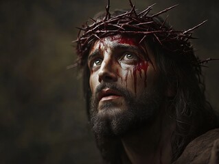 Wall Mural - portrait of Jesus Christ wearing crown of thorns, concept of resurrection and faith