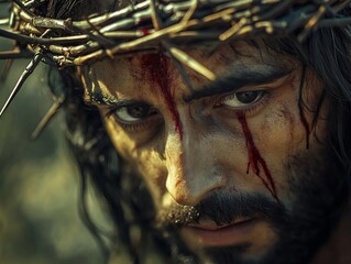 portrait of Jesus Christ wearing crown of thorns, concept of resurrection and faith