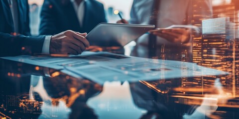 Aufkleber - A Collaborative Business Meeting on Strategic Planning in a modern office boosts communication and teamwork, focusing on documents, finance, innovation, leadership, and technology for productivity