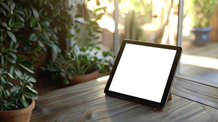 Wall Mural - Tablet with white screen on the table