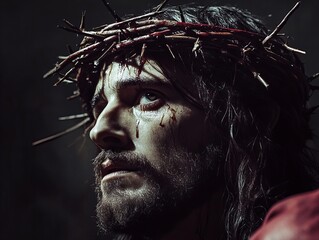 portrait of Jesus Christ wearing crown of thorns, concept of resurrection and faith