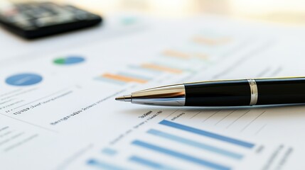 Aufkleber - Close-up of a pen on financial documents with charts and graphs in a well-lit office. Financial analysis and business planning concept