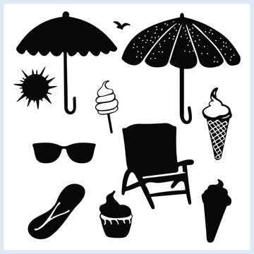 Summer beach elements silhouette, Summer vacation vector doodles, Weekend trip vector Icon set