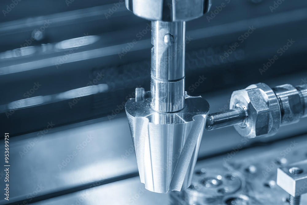 The close up scene the sinker EDM machine operation in the light blue ...