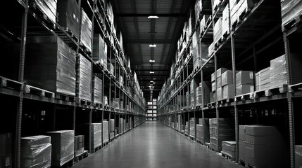 Poster - Aisle of Palletized Boxes in a Warehouse