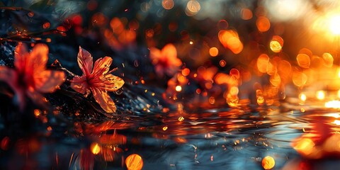 Poster - A close up of a pond with a few red flowers floating on the surface