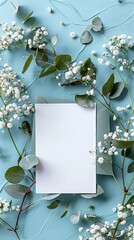 Wall Mural - Wedding invitation card mockup with copy space, front and back sides, eucalyptus and gypsophila flowers