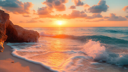 A wave crashing on the sandy shore with a stunning sunset in the background.