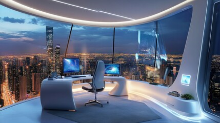 Poster - Futuristic Office with Cityscape View at Night